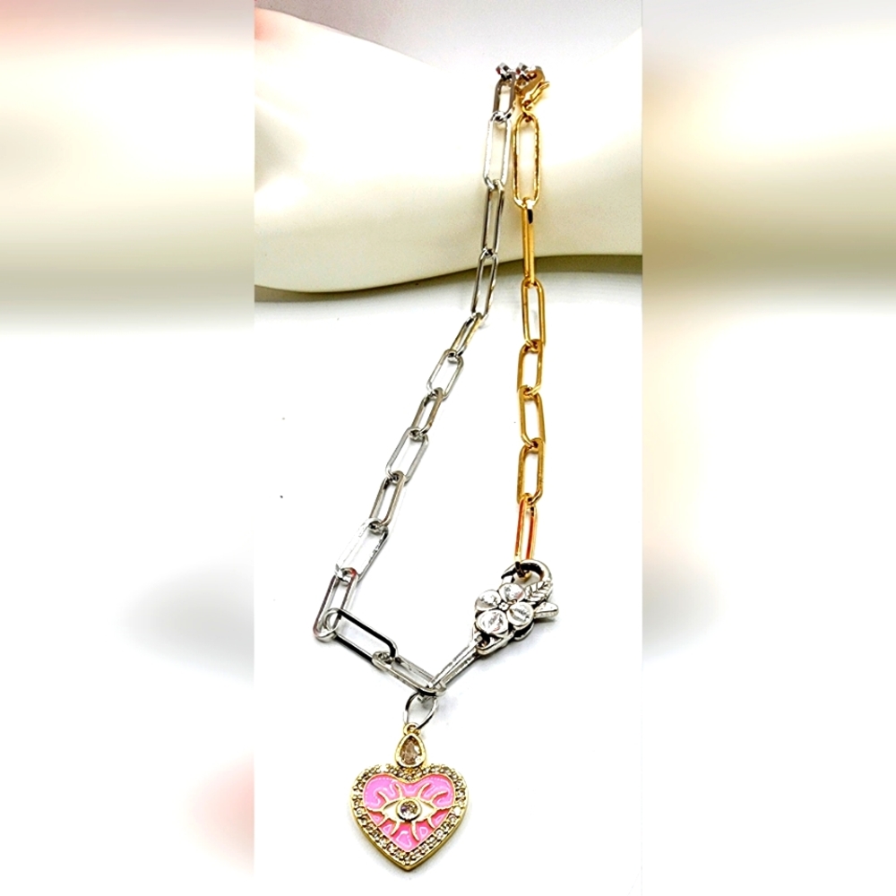 Paperclip chain necklace, 24inch, evil eye charm